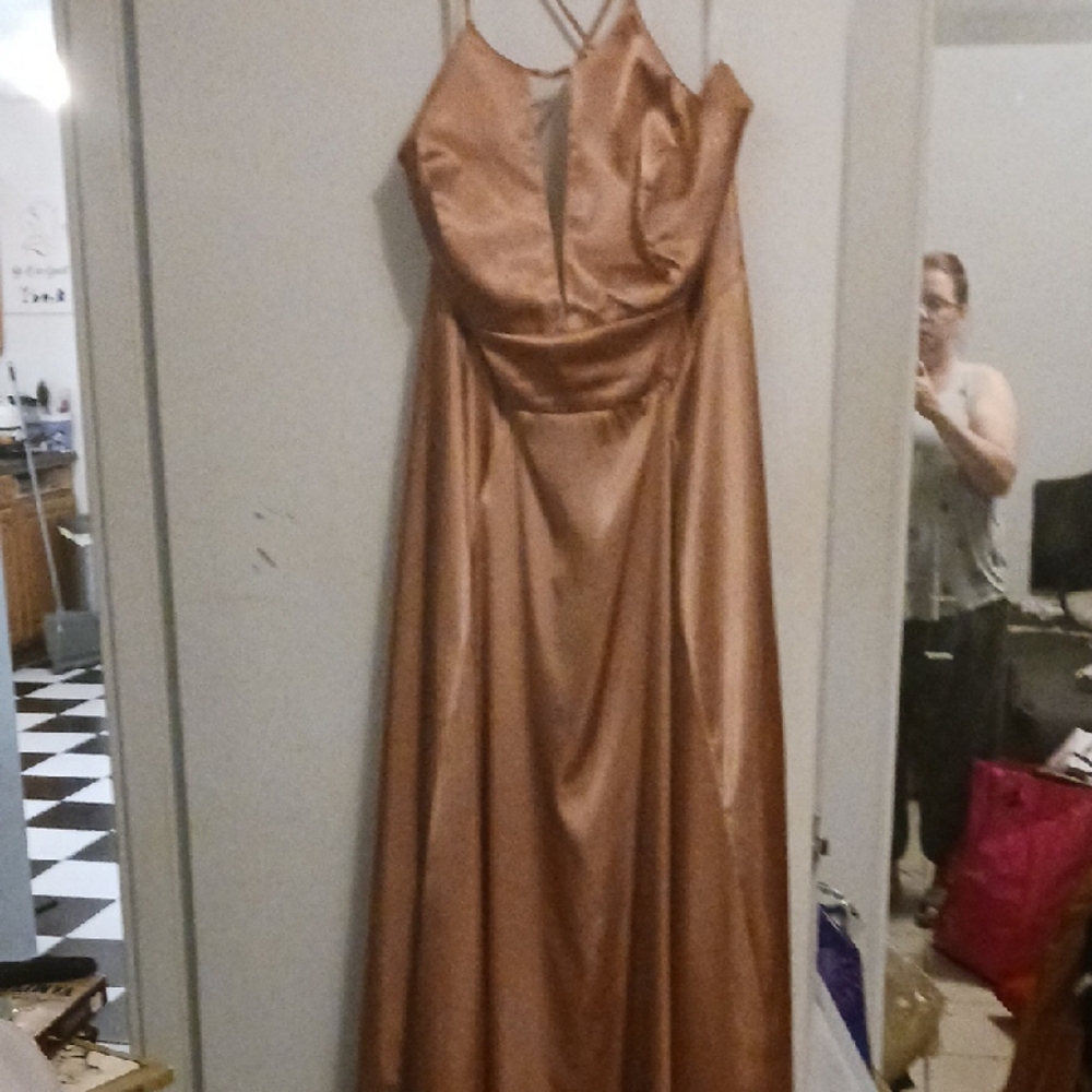 David's Bridal Gold Ruched Spaghetti Strap Gown